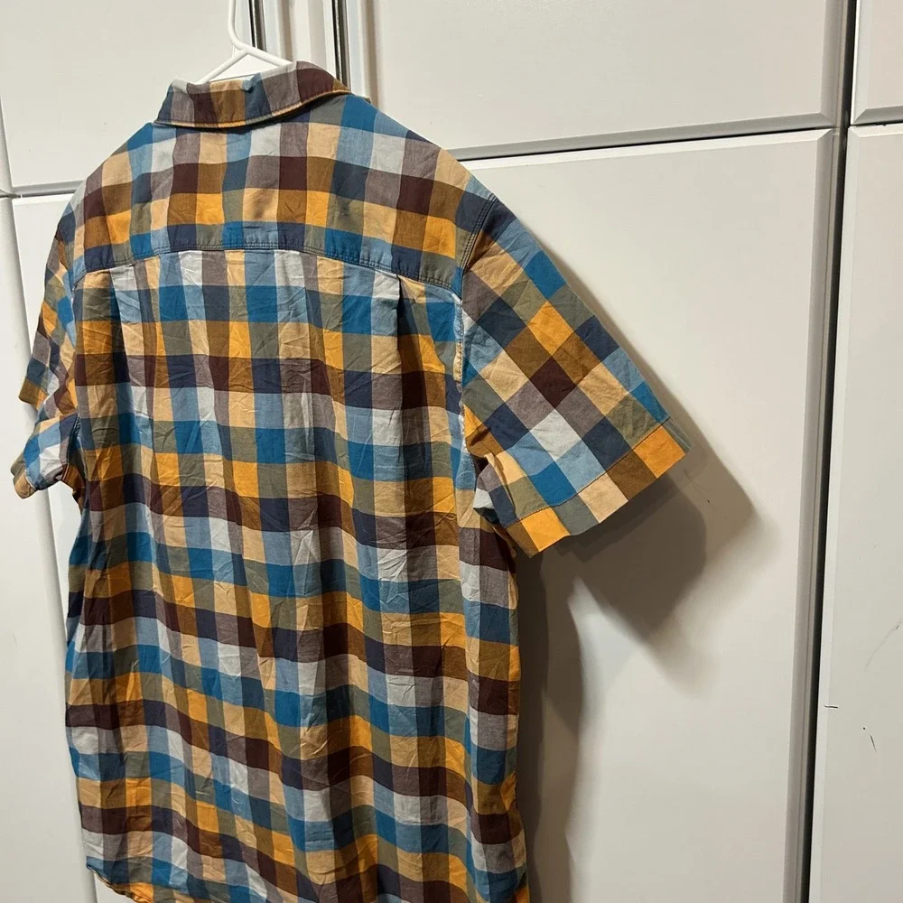 The North Face Mens XL Plaid Short Sleeve Button Down Shirt Blue Orange B725